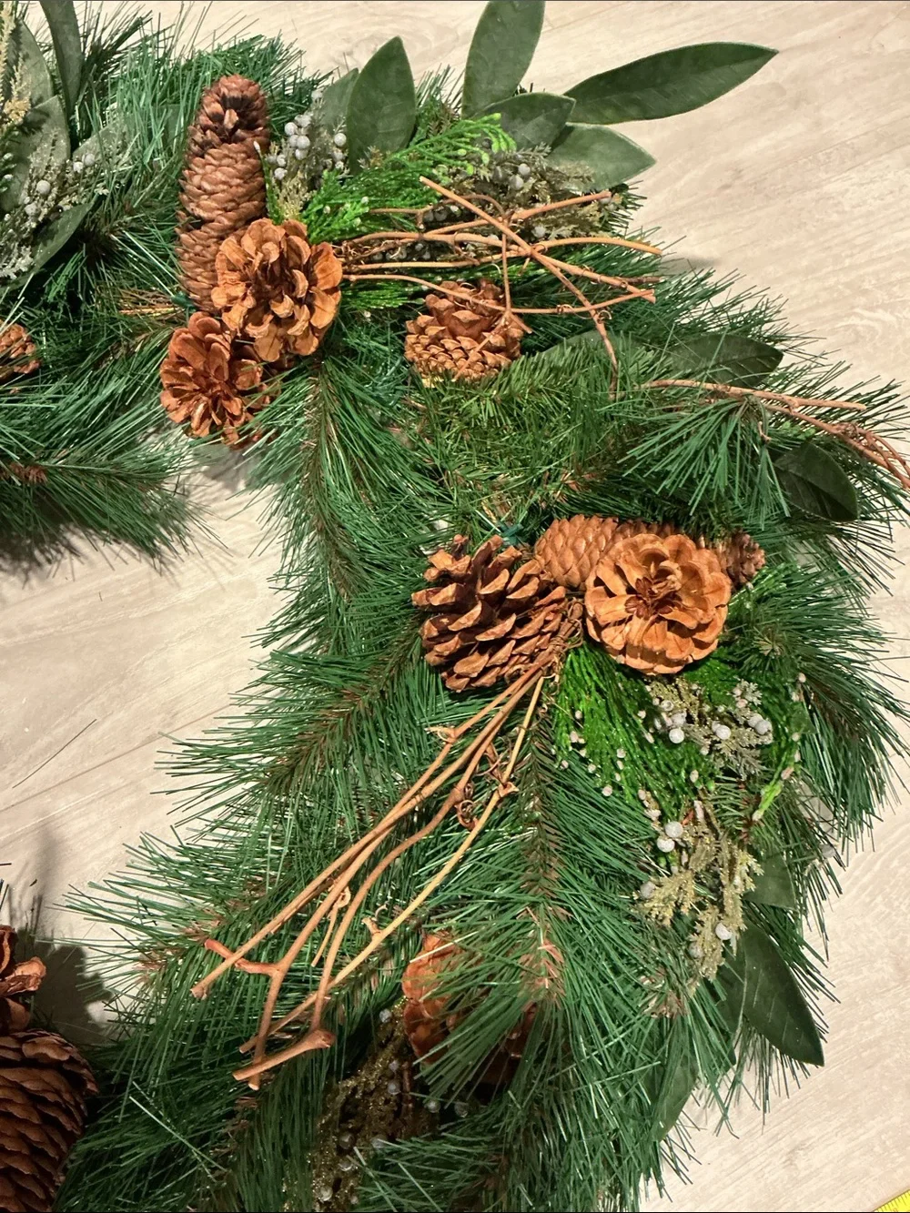 Wreath Green Pine Holiday Beautiful Large Wreath with Pinecones Gold Bow.